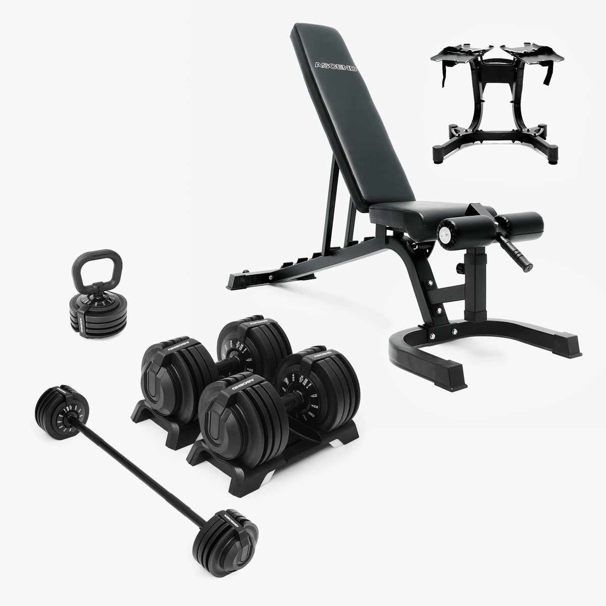 Bundle: Ascend 3-in-1 Adjustable Dumbbells (7 to 52.5 lb) & Bench