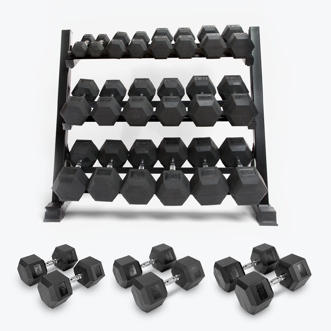 Haltères hexagonaux en caoutchouc Ascend – Paires (5 à 80 lb)