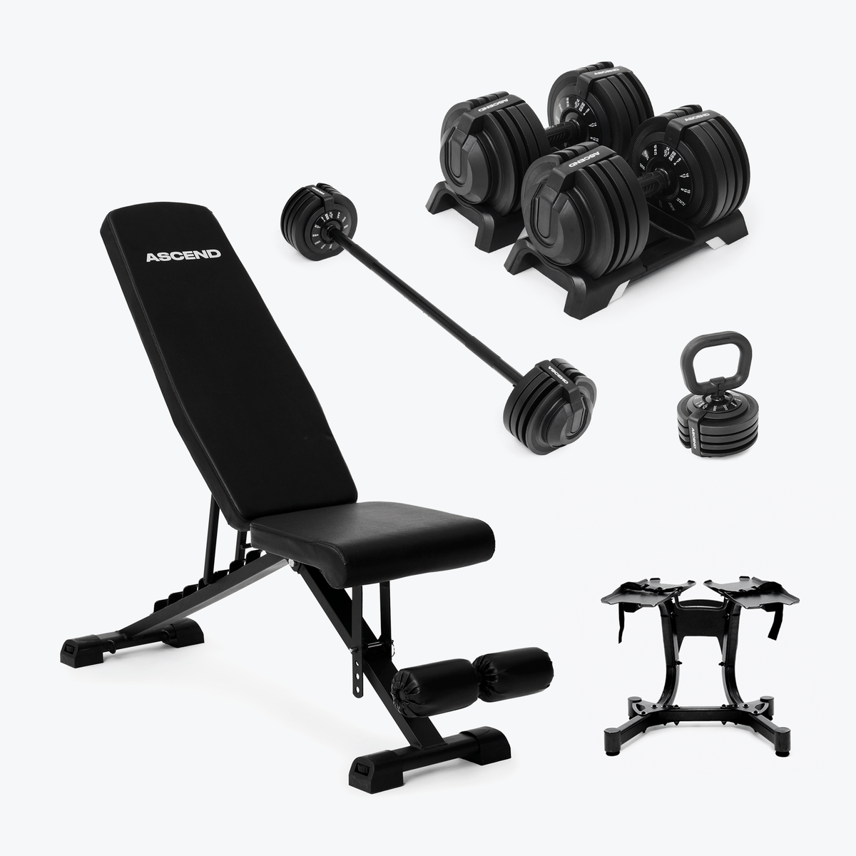 Bundle:  Ascend 3-in-1 Adjustable Dumbbells (7 to 52.5 lb) & Bench